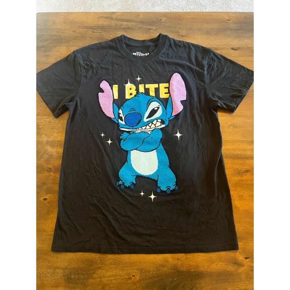 Disney Stitch I Bite Chenille Patch Graphic T-Shirt Black Mens (M) Isaac Morris